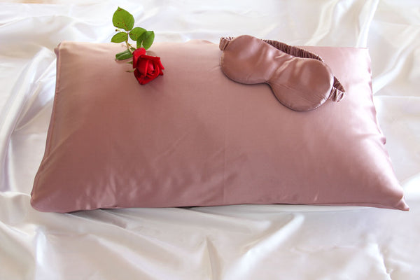 Deep blush pink silk pillow and eye mask set